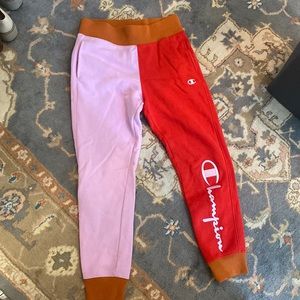 Champion color-blocked sweatpants pink and red with burnt orange trim